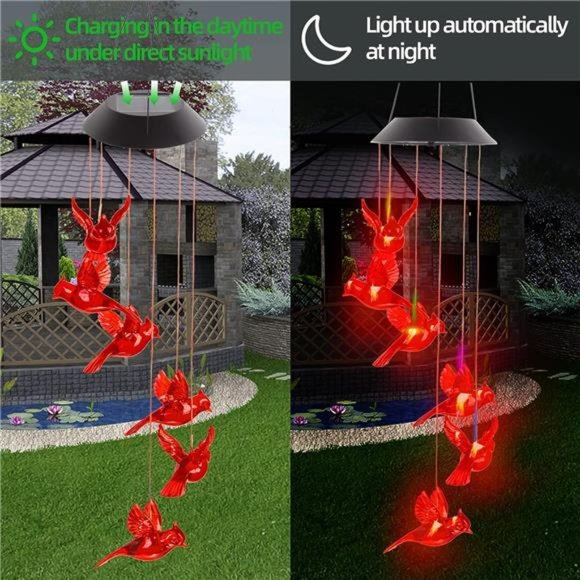 Cardinal Wind Chimes, Solar Powered Red Cardinal Bird Wind Chime Wind Moblie LED - Picture 3 of 6